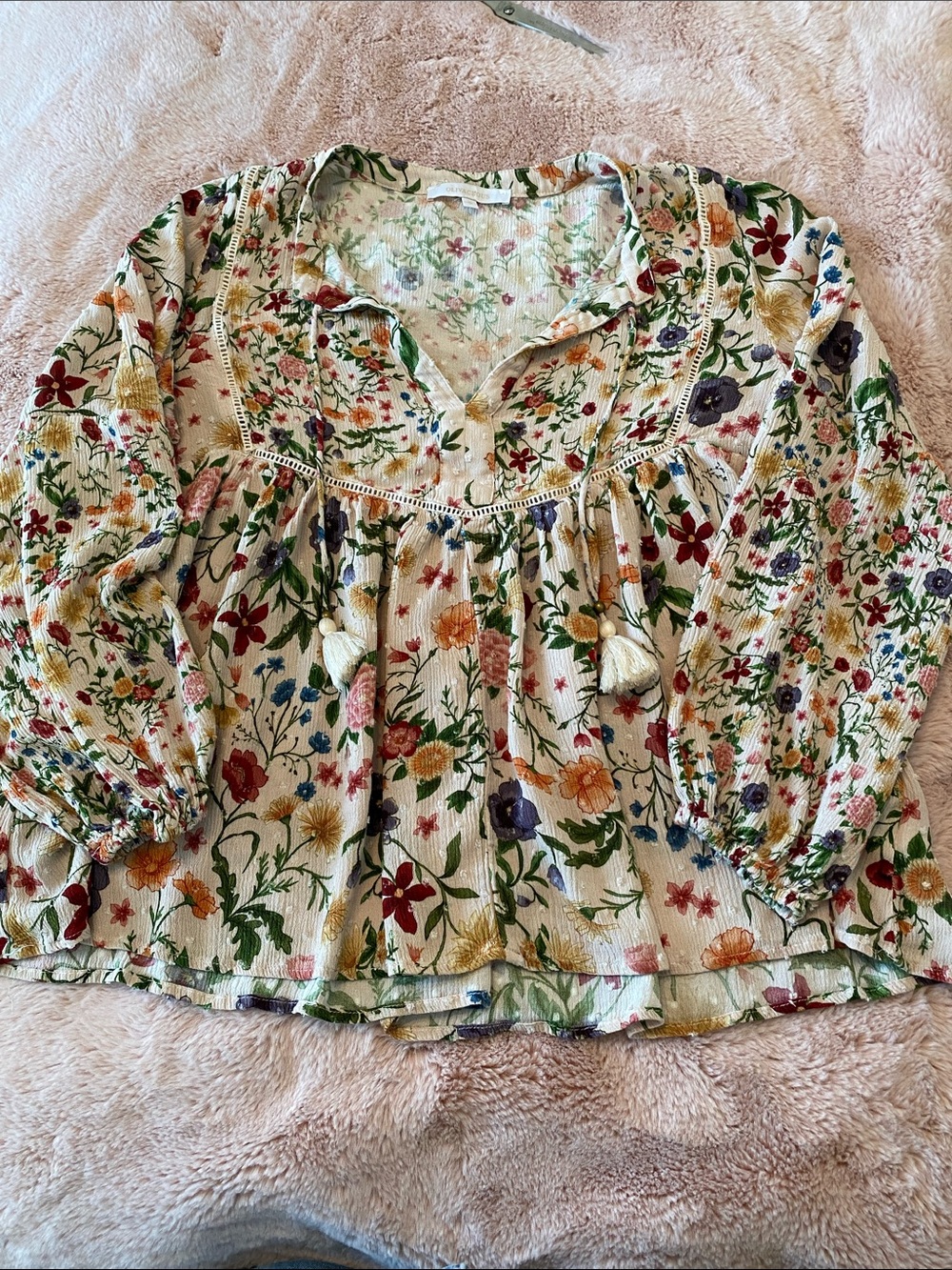 Olivaceous Cream Floral Boho Peasant Blouse with Multicolor Blossoms